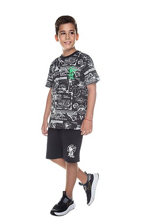 Conjunto Infantil Masculino de Bermuda Dinossauro Preto
