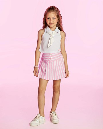 Conjunto Infantil Feminino Saia Shorts  Listrado Rosa
