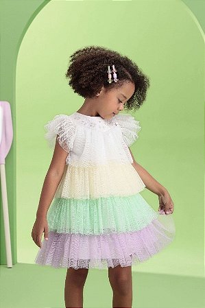 Vestido Infantil de Festa em Camadas Tule Colorido Petit Cherie