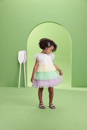 Vestido Infantil de Festa em Camadas Tule Colorido Petit Cherie