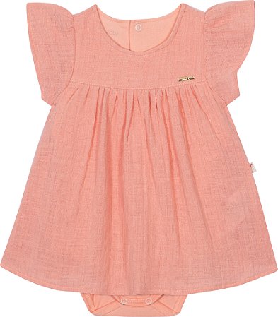Vestido de Bebê Branco com Body Salmão 100% Algodão