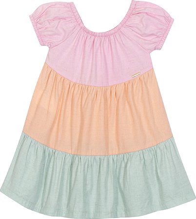 Vestido Infantil Soltinho com Três Babados Viscose com Linho