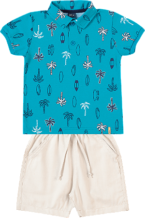 Conjunto Infantil Masculino com Camiseta Polo Turquesa