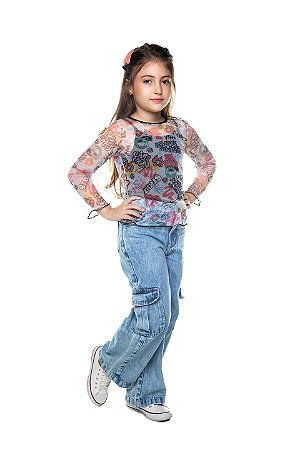 Blusa Infantil Feminina Cropped com Sobreposição em Tule