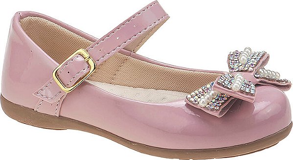 Sapato Infantil Rosa em Verniz com Laço com Brilhos