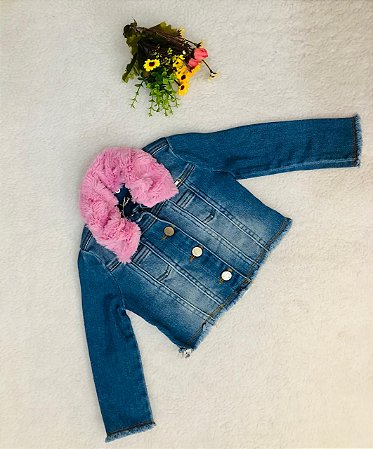 Jaqueta Jeans Infantil Bordada com Pelinho da Animê