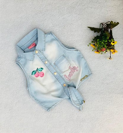 Blusa Infantil Jeans Aberta Amarrada na Frente da Momi