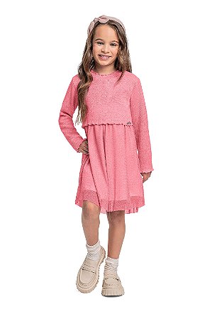 Vestido Infantil da Quimby Malha Tricot e Tule com Brilho