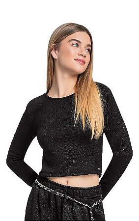 Blusa Juvenil Manga Longa da Gloss Preta com Brilho