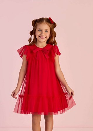 Vestido de Festa Infantil da Mon Sucré Vermelho Tule Soltinho