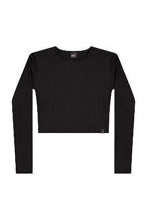 Blusa Juvenil Manga Longa da Gloss Malha Canelada Preta