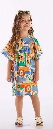 Vestido Infantil da Up Baby Safari Azul com Laranja