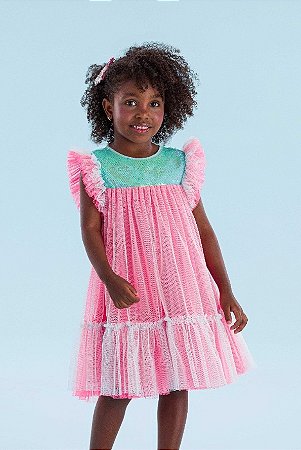Vestido de Festa Infantil Pink Neon Mon Sucré Tule Brilho