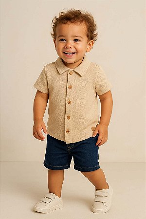 Camisa Infantil Masculina em Malha Trabalhada Bege