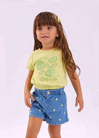 Conjunto Infantil Feminino Shorts Jeans Bordado