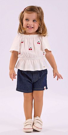 Conjunto Infantil Feminino Bata e Shorts Jeans