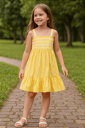 Vestido de Bebê Feminino Arrumadinho Amarelo com Alças