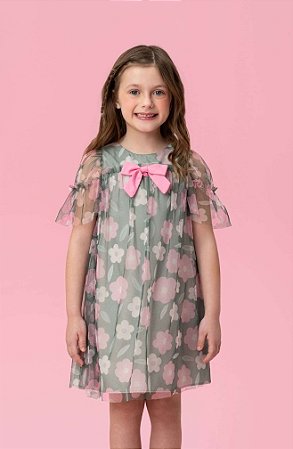 Vestido Infantil Mon Sucré Verde Tule Floral