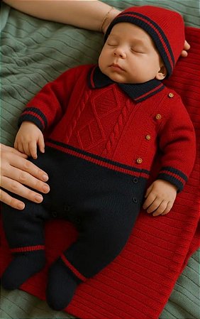 Kit Maternidade Masculino Tricô Vermelho Malharia Noruega