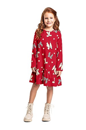 Vestido Infantil Manga Longa Estampado Vermelho