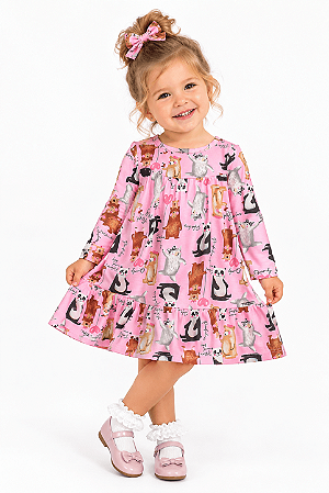 Vestido Bebê Quimby Manga Longa Estampa Ursos