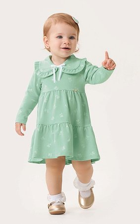 Vestido Bebê Verde Manga Longa Malha