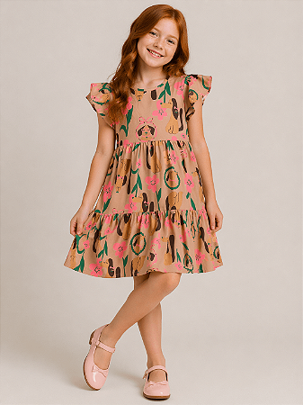 Vestido Infantil Solto Cachorros e Flores