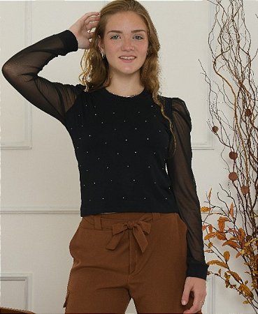 Blusa Juvenil Preta Mangas Tule Brilhos
