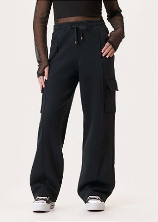 Calça Juvenil Feminina Moletom Cargo Wide Leg
