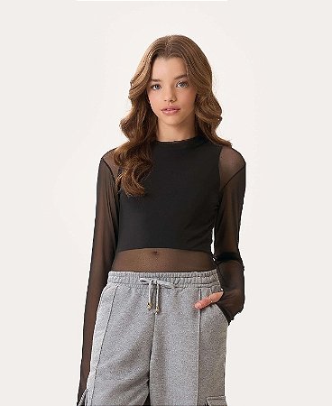 Blusa Juvenil Dila Manga Longa Transparente