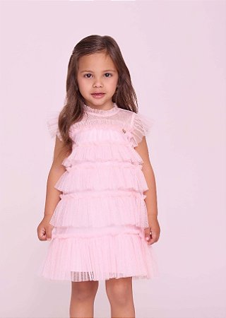 Vestido Festa Infantil Rosa Babados Tule