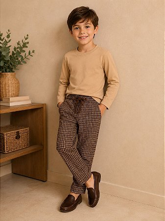 Calça Infantil Masculina Xadrez Marrom Up Baby