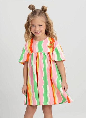 Vestido Infantil Malha Colorido Três E Já