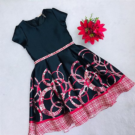 Vestido de Festa Infantil Teen Preto Estampado com vermelho da Petit Cherie