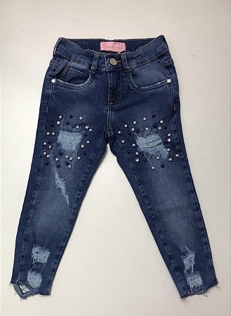 Calça Infantil Jeans Azul Marinho com Pérolas da Pituchinhus