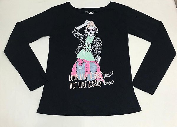 Blusa Juvenil Preta de Manga Longa Rockstar da Gloss