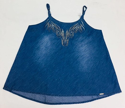 Blusa Infantil Juvenil Alça Jeans com Borbado e Brilho da Pullga