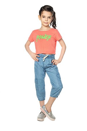 Blusa Infantil Juvenil Cropped Manga Curta Power da Have Fun