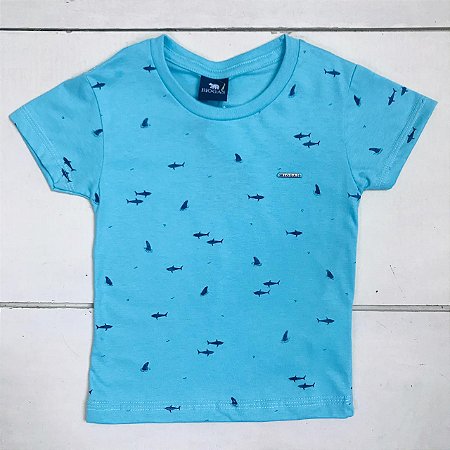 Camiseta Infantil Azul Turquesa com Estampa de Tubarão da Biogas