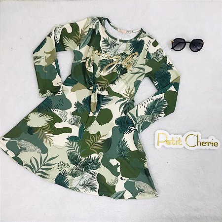 Vestido Infantil de Frio Estampado com Folhagem Verde Musgo Petit Cherie