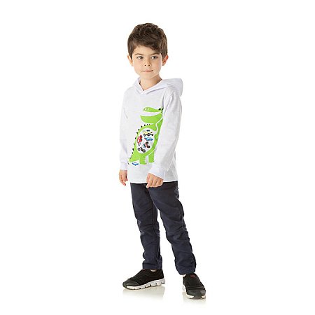 Camiseta Infantil Branca Manga Longa com Capuz Estampada