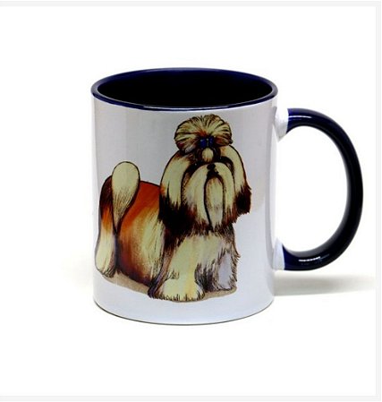 Caneca de cerâmica Shih-tzu fundo azul marinho 325ml - mod 02