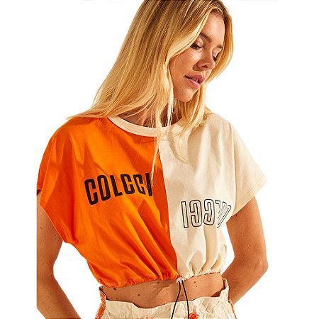 Camiseta Colcci Multicolors Feminino Laranja e Bege