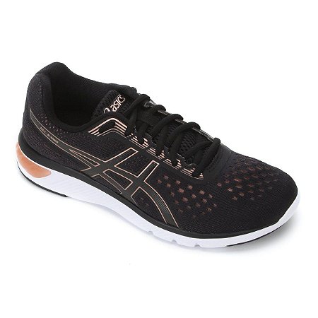 tenis asics feminino preto com dourado