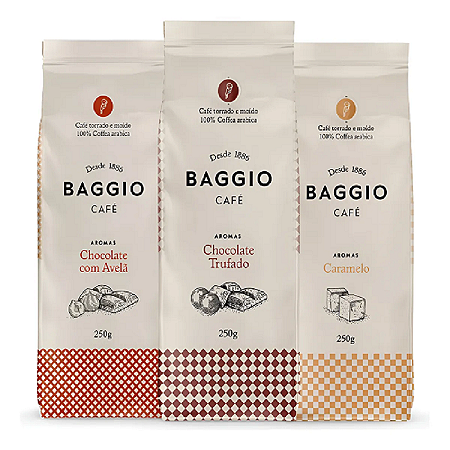 Café Moído Baggio-3 Pacotes 750g-Chocolate com Avelã-Chocolate Trufado-Caramelo-Aromatizado