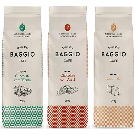 Café Moído Baggio-3 Pacotes 750g-Chocolate com Menta-Chocolate com Avelã-Caramelo-Aromatizado
