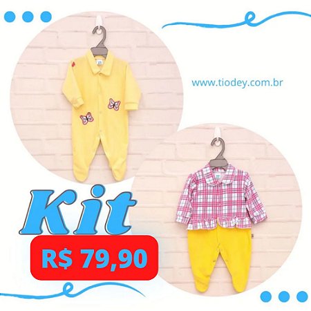 Kit 2 Macacões Xadrez + Amarelo Borboletas