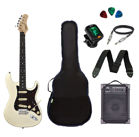 Kit Guitarra Tagima Stratocaster T635 Branca TT Caixa Amplificada