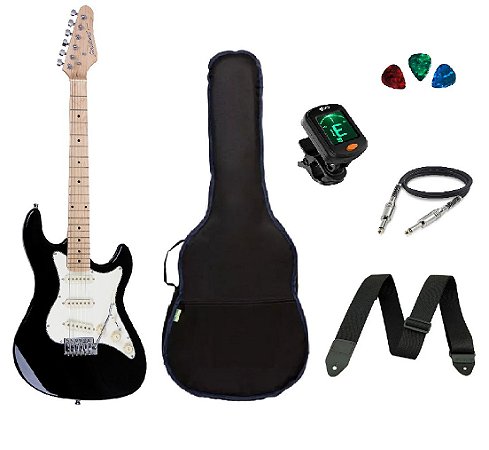 Kit Guitarra Strato Strinberg STS100 +Afinador + Capa + Correia + Cabo + Palhetas PRETA
