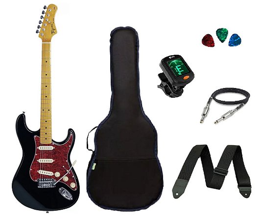 kit Guitarra Tagima TG530 Strato Preta Capa/ Afinador/ Correia/ Cabo/ 3 Palhetas